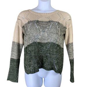 Size Medium Sweater Loose Knit High Low Long Sleeved Green Gray Cream EM